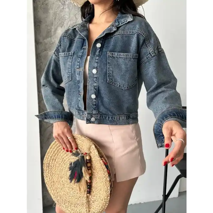 Çift cepli kol katlamalı kar yıkama crop kot ceket kahve tint d2000