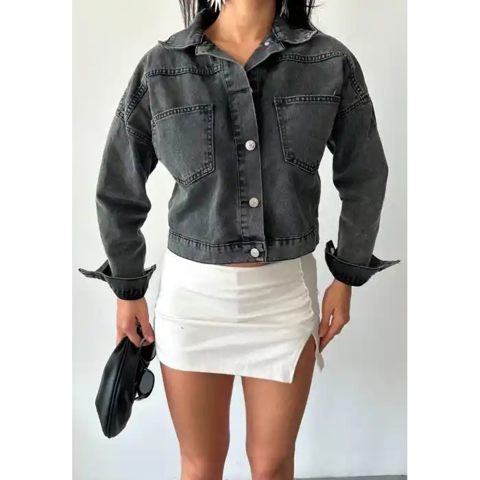 Çift cepli kol katlamalı süper taş enzim yıkama crop kot ceket füme d2000