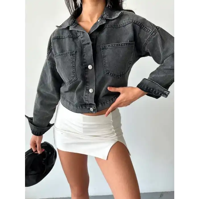 Çift cepli kol katlamalı süper taş enzim yıkama crop kot ceket füme d2000