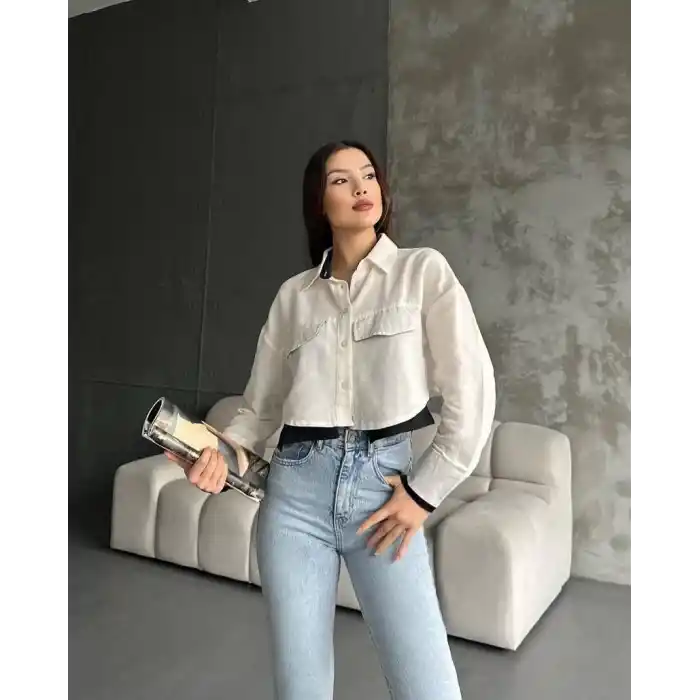 Çift renkli kısa gömlek krem s4021