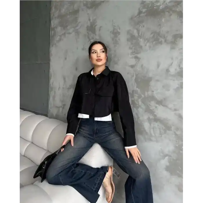 Çift renkli kısa gömlek siyahbeyaz s4021