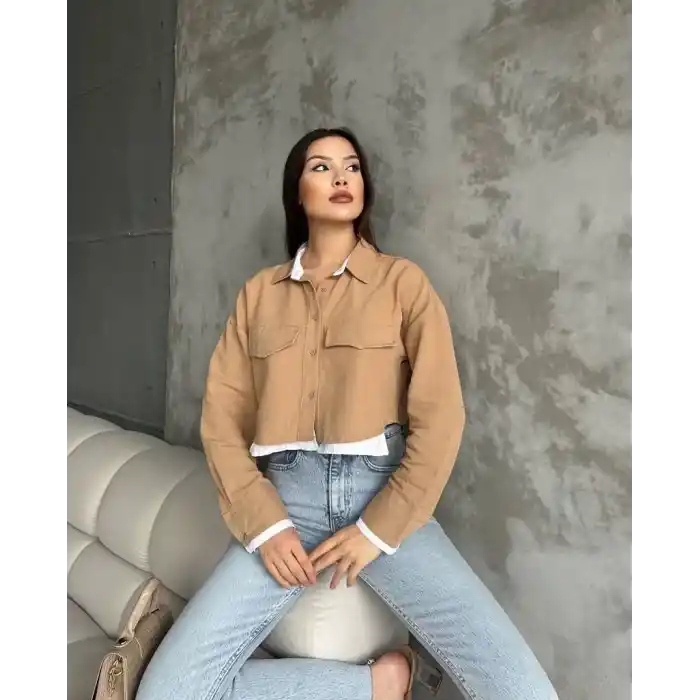 Çift renkli kısa gömlek vizonbeyaz s4021