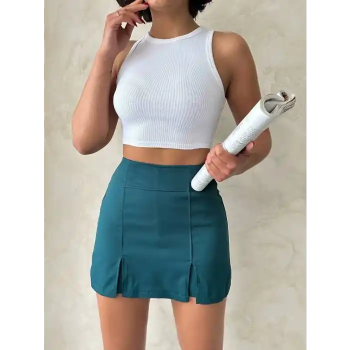 Çift yırtmaçlı atlas şort etek petrol yeşili s240364