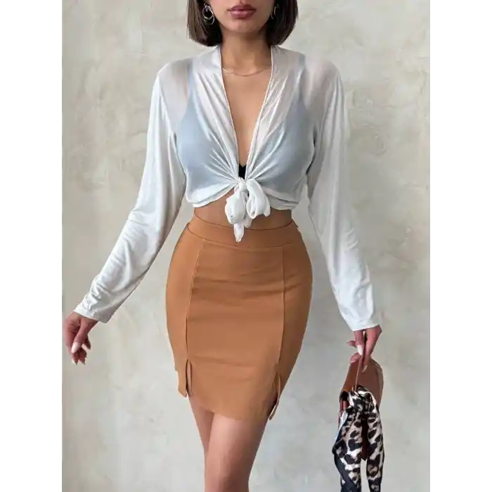 Çift yırtmaçlı etek camel s25910