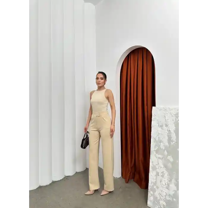 Cırtlı pantolon krep bej pt