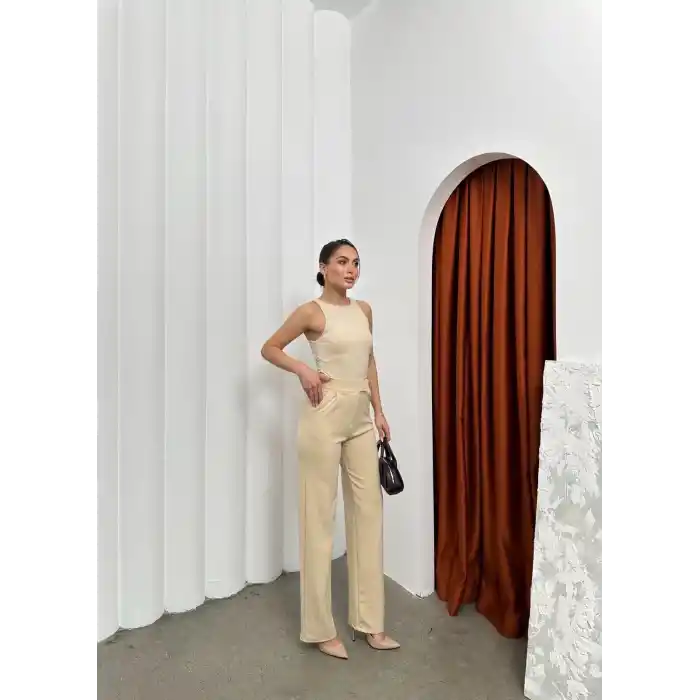 Cırtlı pantolon krep bej pt