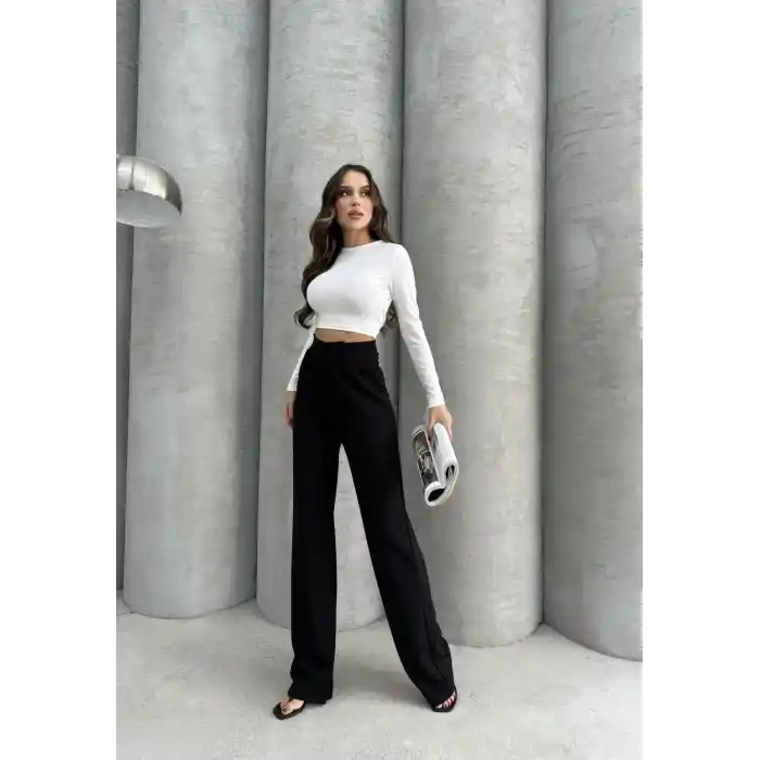 Cırtlı pantolon krep siyah pt