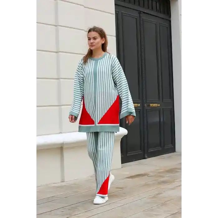 Çizgili bisiklet yaka triko takım Mint