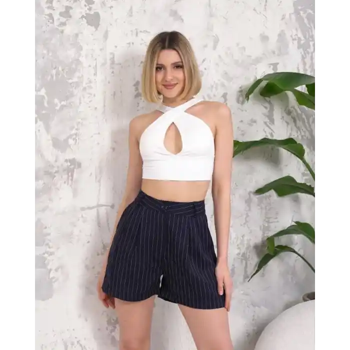 Çizgili düğmeli şort siyah s2551251