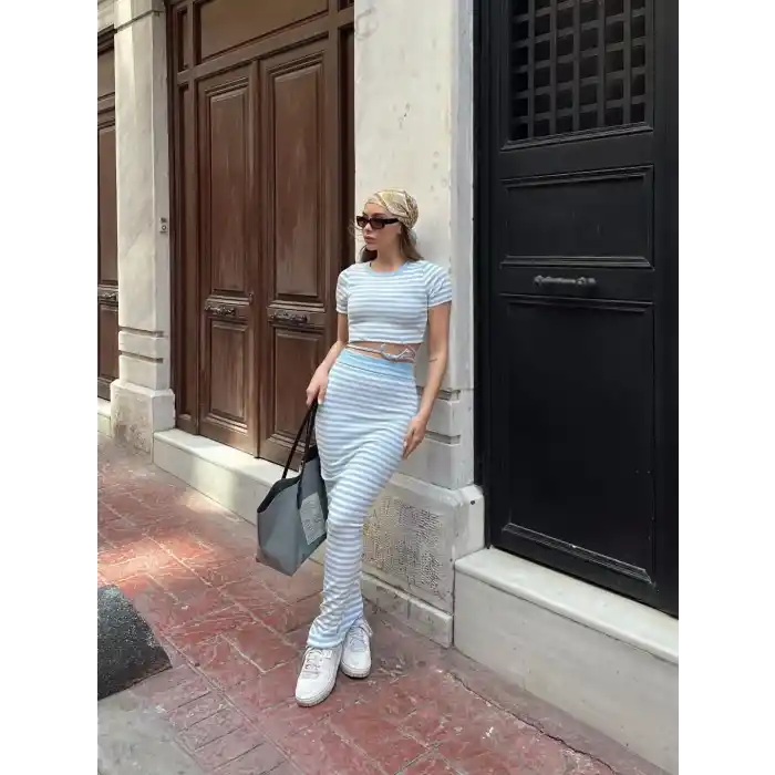 Çizgili etekli takım mavi s3609