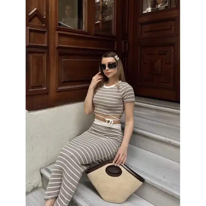 Çizgili etekli takım vizon s3609