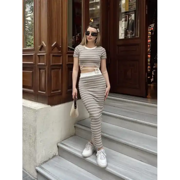 Çizgili etekli takım vizon s3609