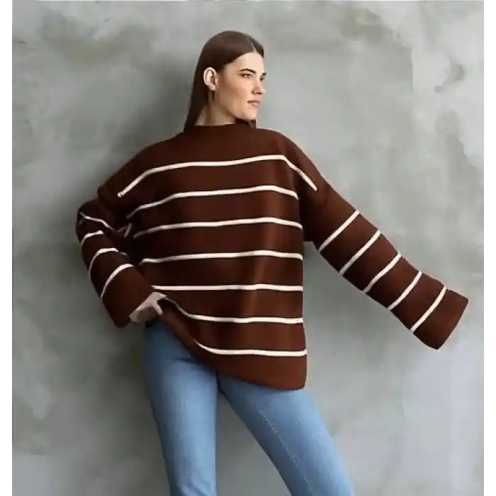Çizgili ispanyol kol triko boğazlı kahve beyaz elf