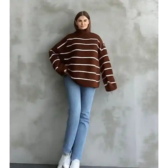 Çizgili ispanyol kol triko boğazlı kahve beyaz elf