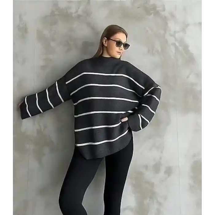 Çizgili ispanyol kol triko boğazlı kazak antrasit elf