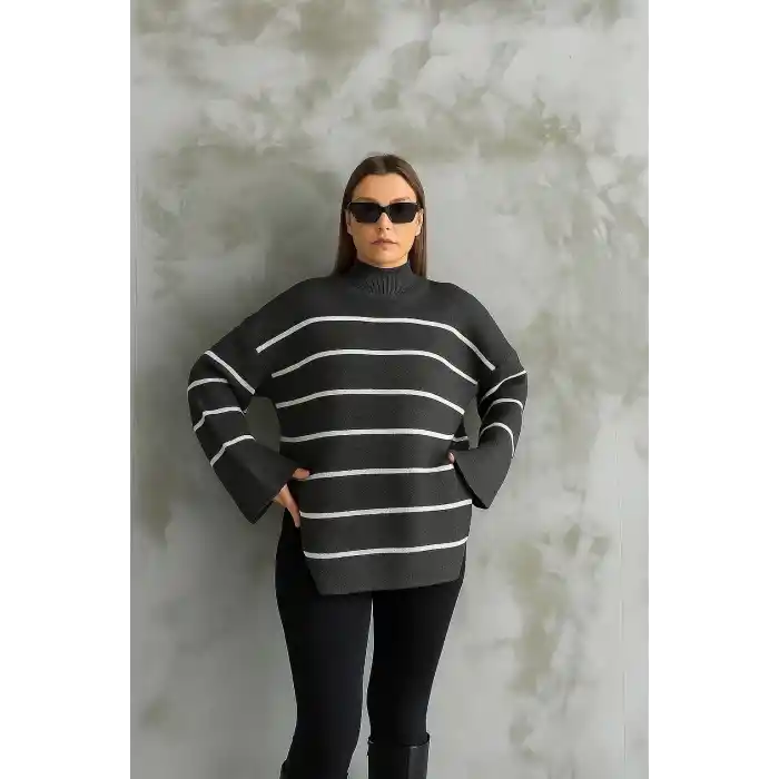 Çizgili ispanyol kol triko boğazlı kazak antrasit elf