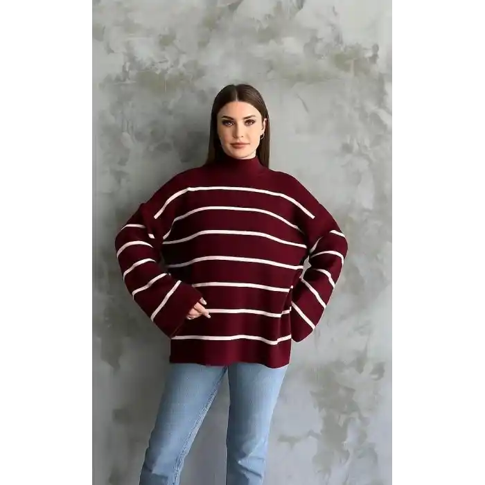 Çizgili ispanyol kol triko boğazlı kazak bordo elf