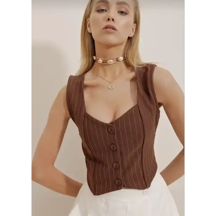 Çizgili krep düğmeli yelek kahve s3395