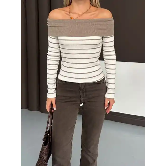 Çizgili madonna yaka kaşkorse bluz bej a844