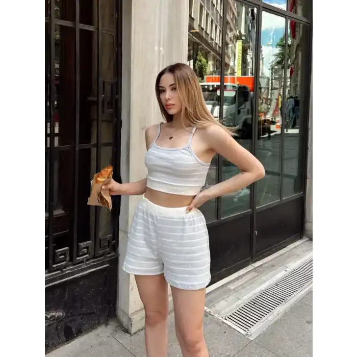 Çizgili şortlu takım gri s3978