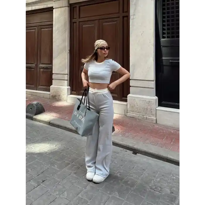 Crop pantolon biyeli takım gri