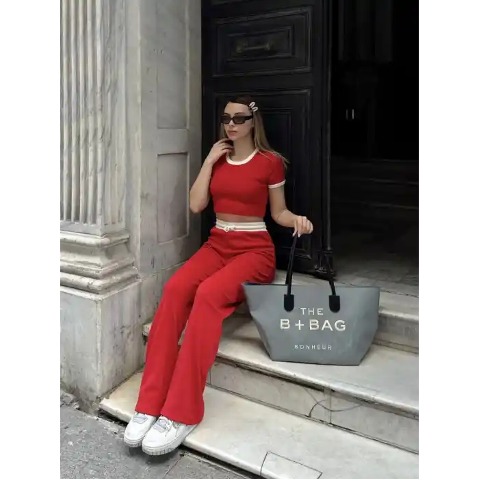 Crop pantolon biyeli takım kırmızı