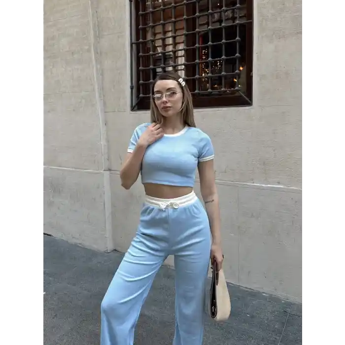 Crop pantolon biyeli takım mavi