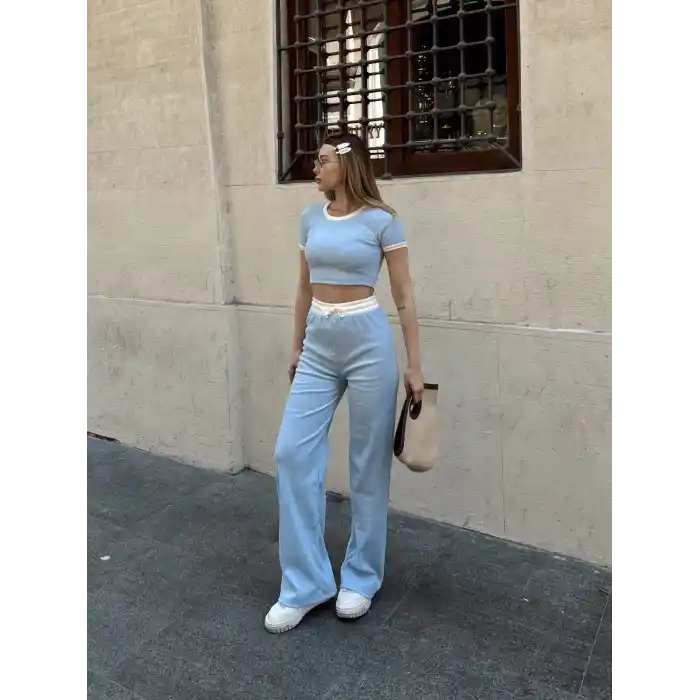 Crop pantolon biyeli takım mavi