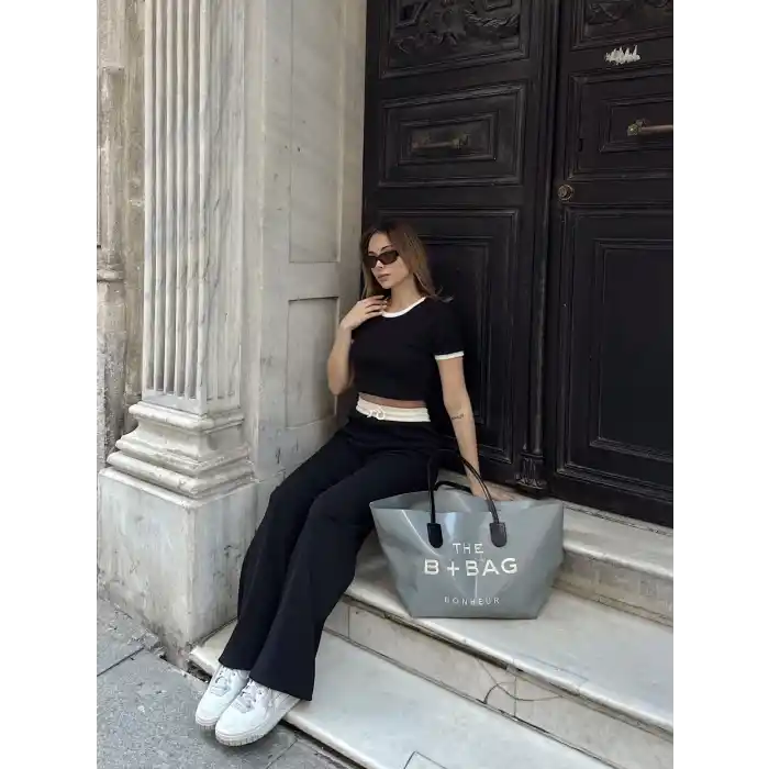 Crop pantolon biyeli takım siyah