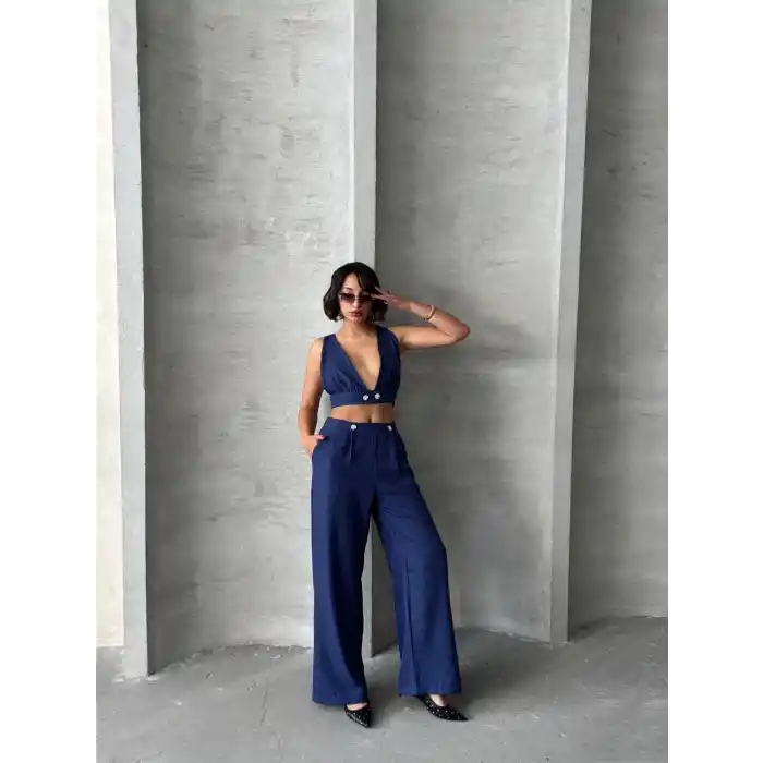 Crop pantolon keten takım s255012