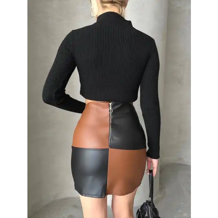 Damalı deri etek siyah kahve w24648