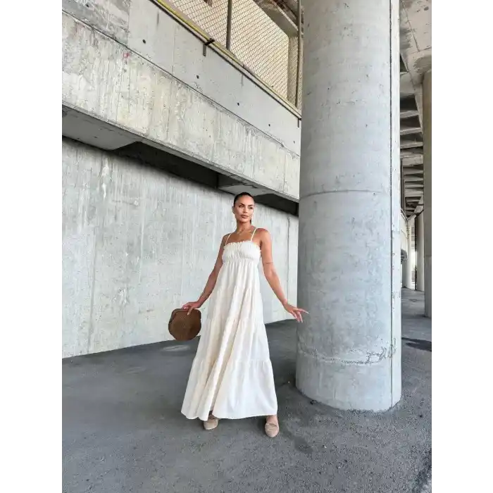 Dantelli askılı keten elbise s4310