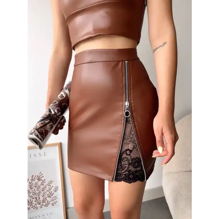Dantelli fermuarlı deri etek kahve w24598