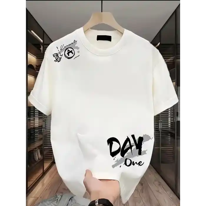Day One Baskılı Oversize Bisiklet Yaka T-shirt - Beyaz