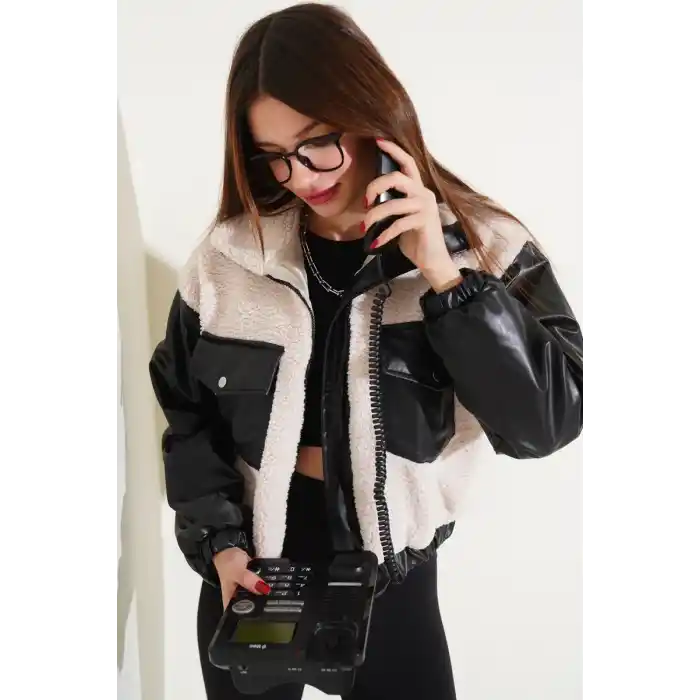 Deri garnili cepli peluş mont siyah t1253