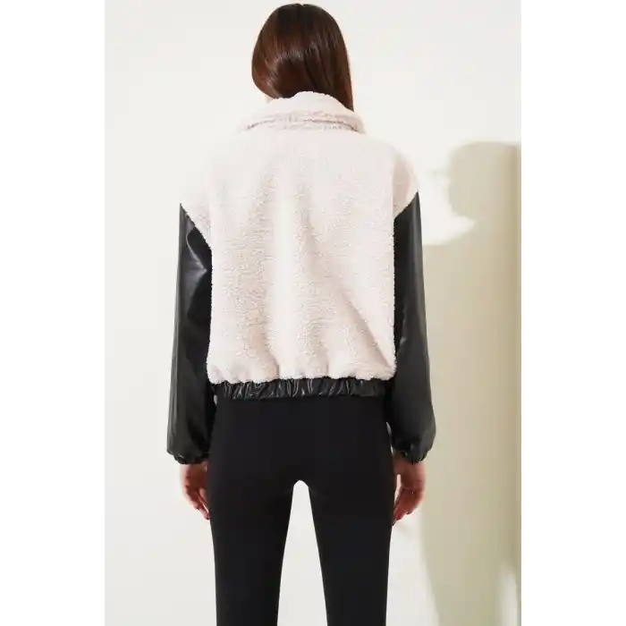 Deri garnili cepli peluş mont siyah t1253