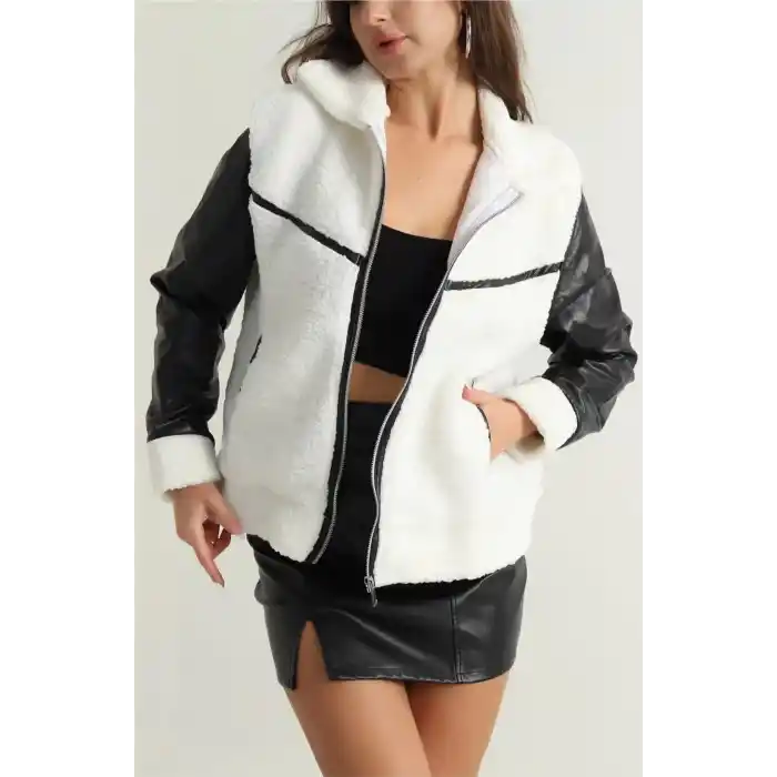 Deri garnili kuzu peluş mont beyaz t1220