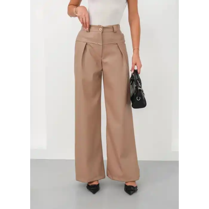 Deri geniş paça beli lastikli pantolon bej h263644