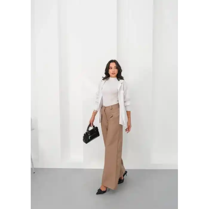 Deri geniş paça beli lastikli pantolon bej h263644