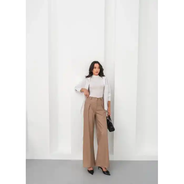 Deri geniş paça beli lastikli pantolon bej h263644