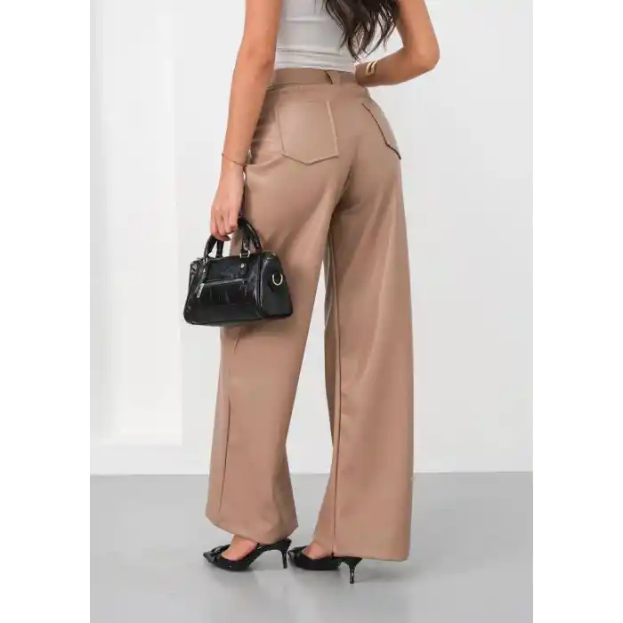Deri geniş paça beli lastikli pantolon bej h263644