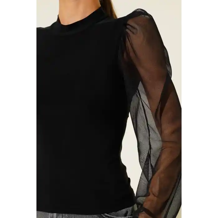 Dik yaka tül kollu bluz siyah t3066