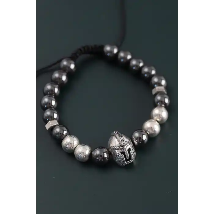 Doğal Taş Gladyatör Model Gümüş Ve Füme Renk Asansörlü Erkek Bileklik