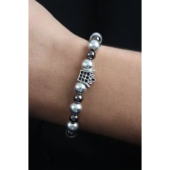 Doğal Taş Kral Tacı Model Gümüş Ve Füme Renk Asansörlü Erkek Bileklik