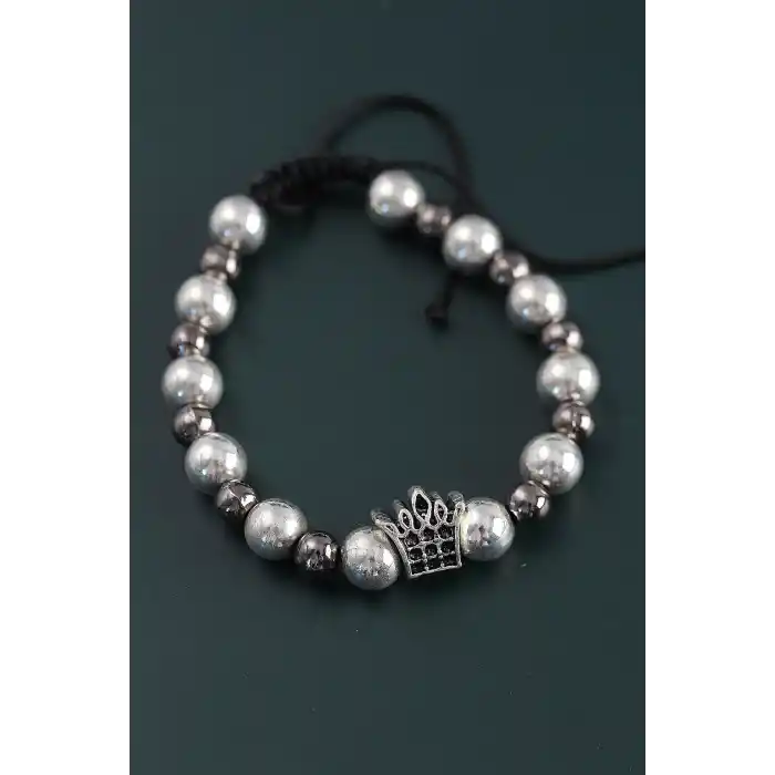 Doğal Taş Kral Tacı Model Gümüş Ve Füme Renk Asansörlü Erkek Bileklik