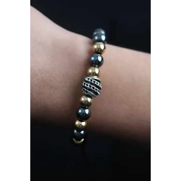 Doğal Taş Sarmal Model Gold Ve Füme Renk Asansörlü Erkek Bileklik