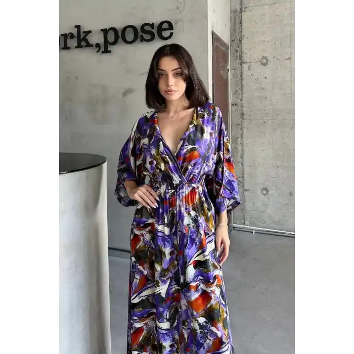 Dokuma baskılı yarasa kol elbise s8124