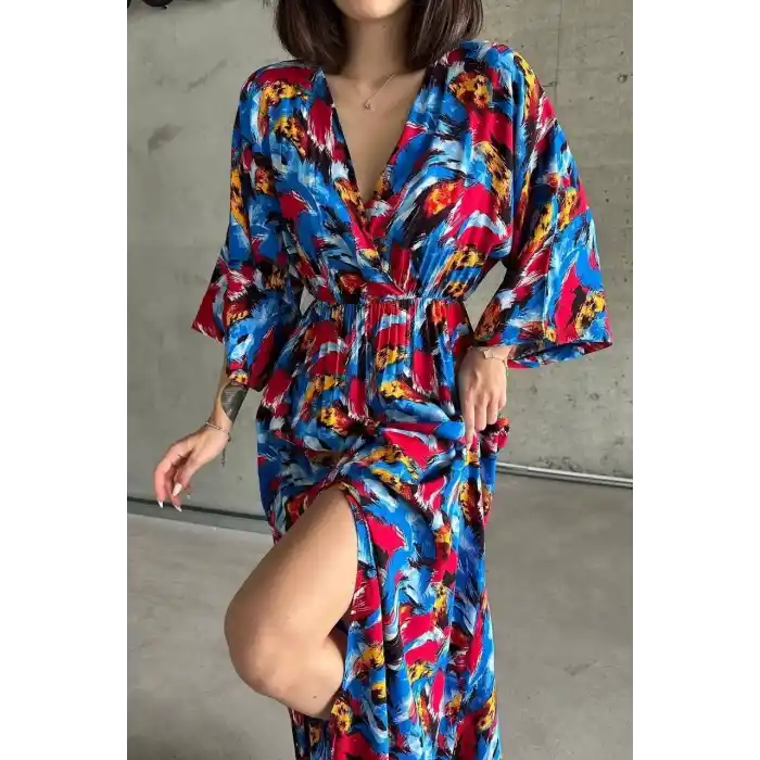 Dokuma baskılı yarasa kol elbise s8124