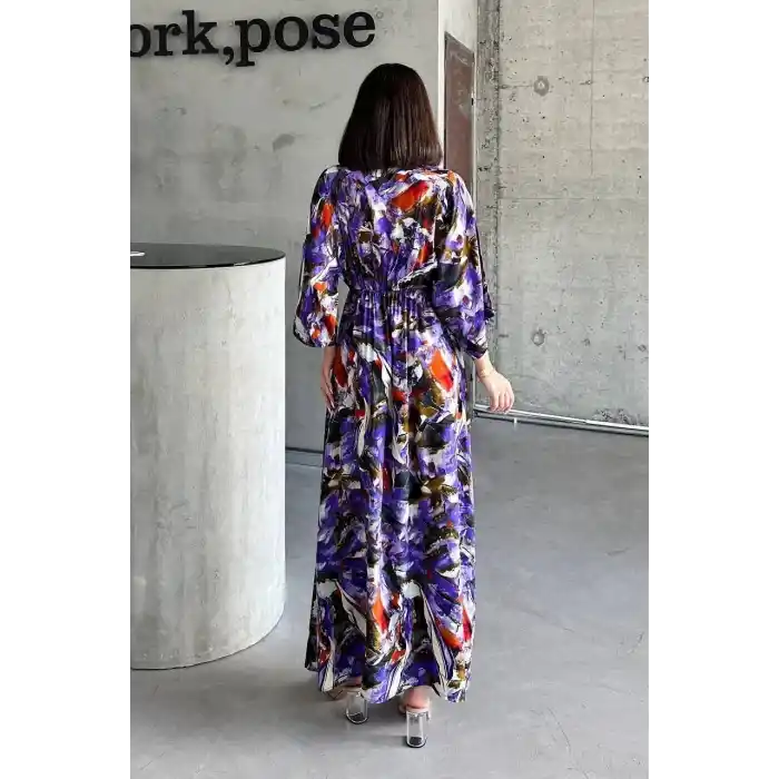 Dokuma baskılı yarasa kol elbise s8124