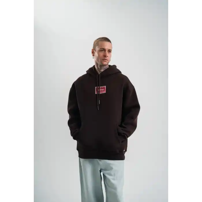 Double Oversize Kapşonlu Dijital Patchli SweatShirt - Kahve